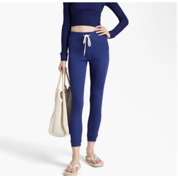 NWT Monrow Womens Ribbed Cuff Sweatpants Size Medium Lounge Wear Blue Drawstring - Picture 1 of 10